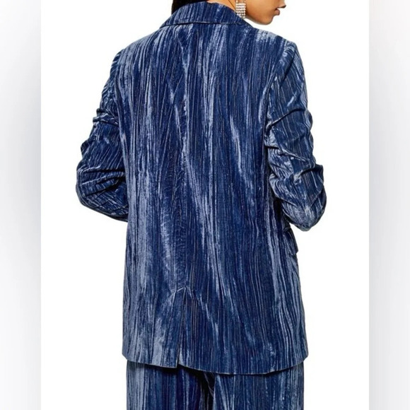 Topshop Crinkled Velvet Suit Matching Blazer & Trousers Wide Leg Blue Size 4 NWT - Picture 3 of 16